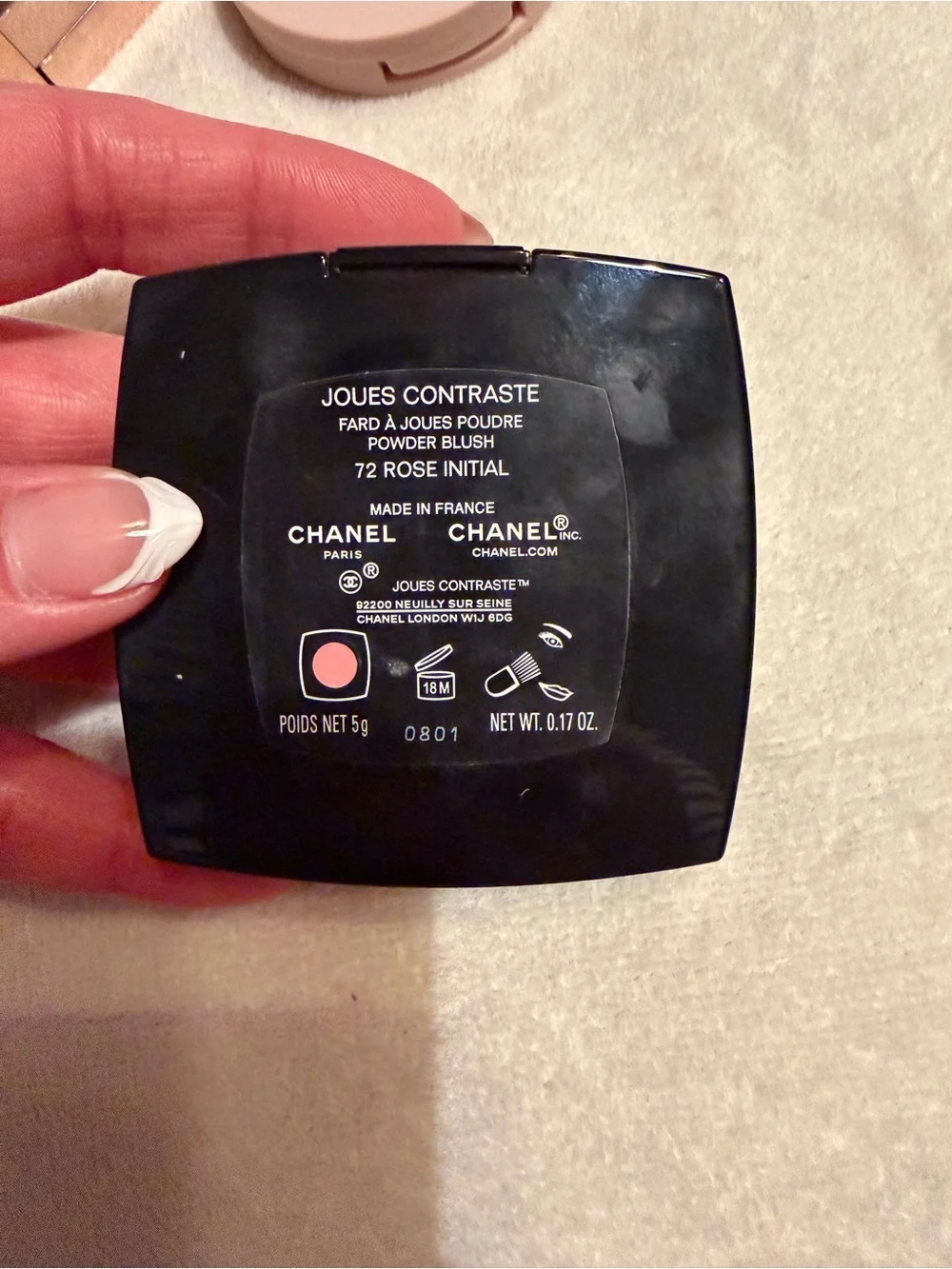 Chanel blush number 72 Rose initial